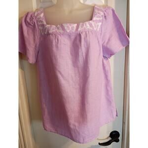Talbots Linen Cotton Top Lavender Butterfly Accents Sz L Cottagcore Fairy